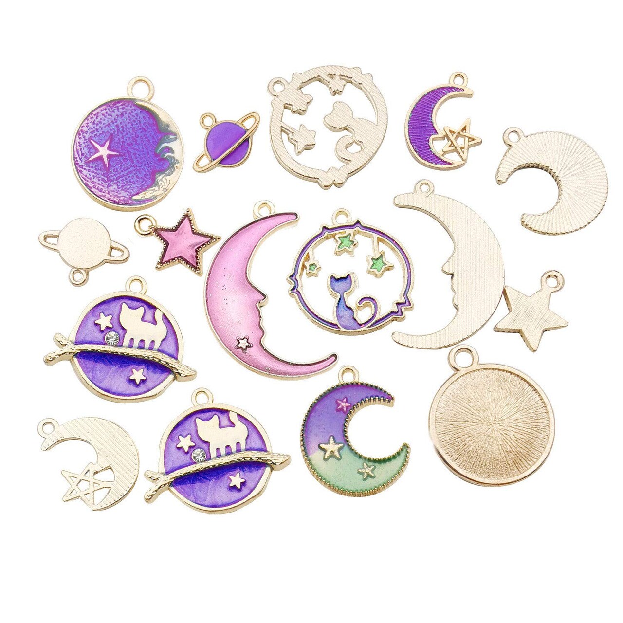 24 Pieces Assorted Gold Plated Enamel Cat Moon Star Celestial Charm Pendant DIY for Earrings Necklace Bracelet Jewelry Making and Crafting (M582-Purple)